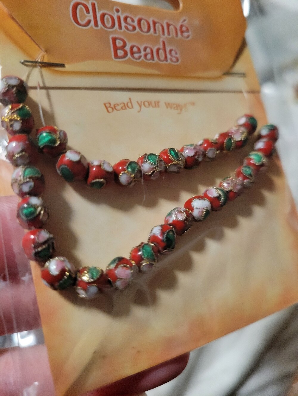 Cloisonné Floral Bead Strand - Classic Red Base, Multicolor Floral, 6mm, NWT